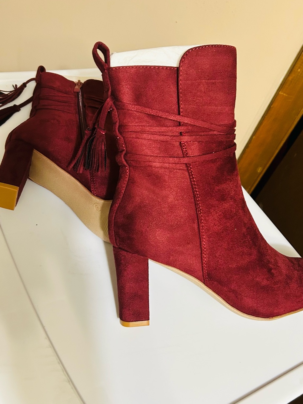 Journee Collection Burgundy Suede Ankle Heeled Boots - Picture 3 of 3